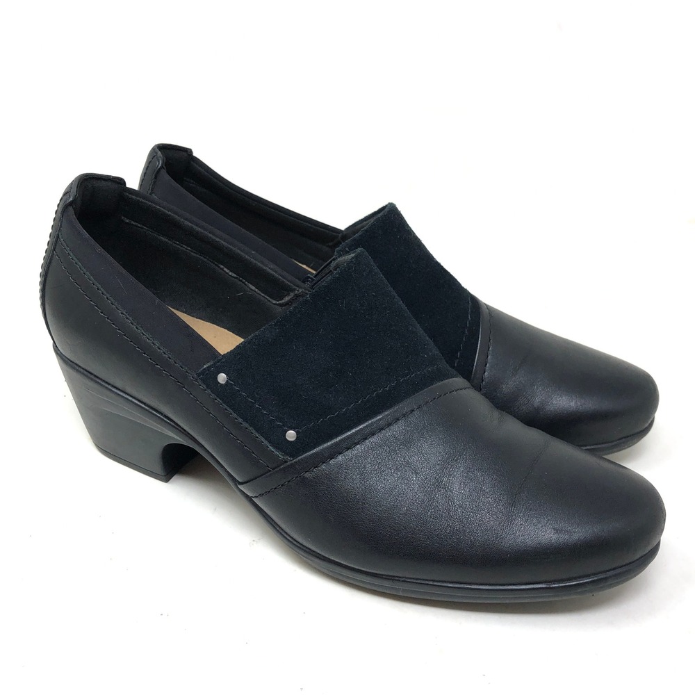 Clarks Womens Size 10 Emily Step Pumps Black Leather Suede Block Heel